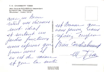 Jean-Jacques Rousseau descendant le chemin des Charmettes — statue sur socle rocheux, éditeur PRISUNIC, n°7.K-CHAMBERY 73000 — Verso