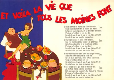 Moines à table — scène humoristique avec femme nue — Dessin de G. Jullin, éditeur Imprimeur Combier, n° 3 VG 74 0065