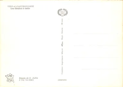 Moines à table — scène humoristique avec femme nue — Dessin de G. Jullin, éditeur Imprimeur Combier, n° 3 VG 74 0065 — Verso