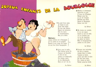 Joyeux enfants de la Bourgogne — scène de couple dans un tonneau de vin — Dessin de G. Jullin, éditeur Combier Imprimeur Mâcon