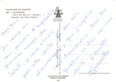 Folklore francés — L'Auvergne — escena de cuento junto al fuego — editor Les Éditions du Gabier — Reverso