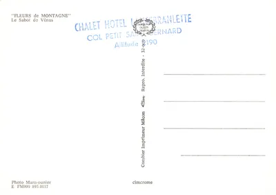 Kwitnie górskie — Podeszwa Wenus (orychid) — Fotografia Marnounier, wydawca Combier Imprimeur Mâcon — Rewers