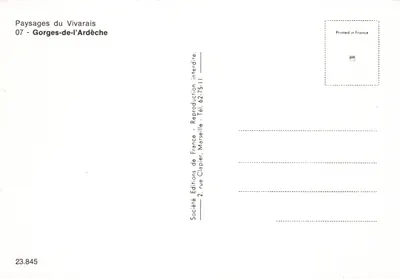 Gorges da Ardèche — vista panorâmica — Sociedade Edições da França, n° 23.845 — Verso