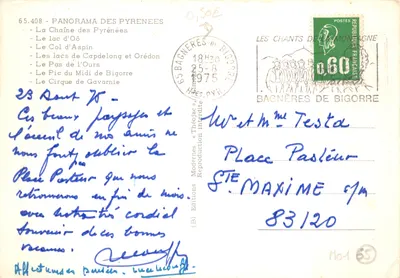 Panorama des Pyrénées — vue panoramique avec un chien et un homme en costume rouge — Éditions Théodéac, n° 65.408 — Verso
