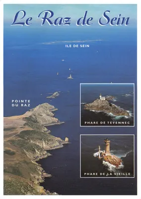 Le Raz de Sein — vista aérea da Ponta do Raz, a ilha de Sein e os faróis de Tévennec e de La Vieille — editor Éditions d'Art JACQ