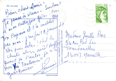 Esqui livre — dois esquiadores em ação em uma encosta nevada — editor IRIS, n° 1818 — Verso