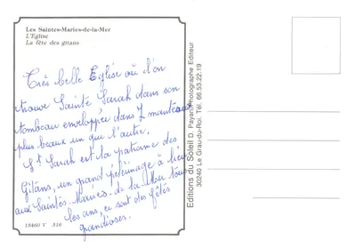Les Saintes-Maries-de-la-Mer — iglesia y fiesta de los gitanos — editor Éditions du Soleil, n° 516 — Reverso