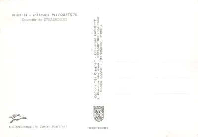 Straßburg — panoramisch uitzicht, kathedraal, brug en vrouwen in traditionele kleding — uitgever IRIS — Achterkant