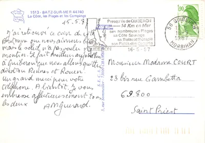 Batz-sur-Mer — vue aérienne du village et de ses plages — Imprimé sur la carte — Verso
