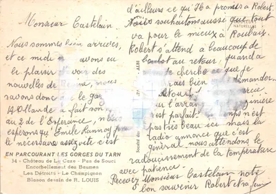 Les Gorges du Tarn — Château de La Caze, Pas de Souci, et paysages — Société des Cœureurs Naturelles — Verso