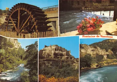 Fontaine de Vaucluse — vue panoramique avec roue à eau, cascade et falaises — Éditions CELLARD