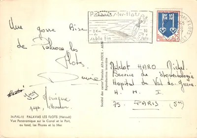 Palavas-les-Flots — Vue panoramique sur le Canal et le Port, au fond les Phares et la Mer — Société des cartes postales APA-POUX — Verso