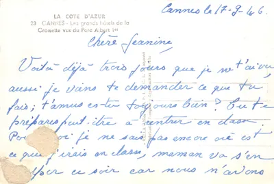Cannes - Les grands hôtels de la Croisette vus du Parc Albert 1er — éditeur Rella, n° 20-0058 — Verso