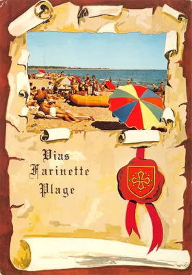 Vias-Farinette Plage — plage animée avec parasol coloré — éditeur A.P.A. POULX