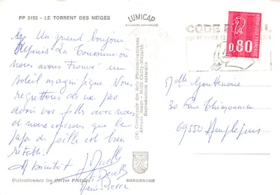 Le Torrent des Neiges — zimowy krajobraz śnieżny — wydawca LUMICAP, nr PP 3153 — Rewers