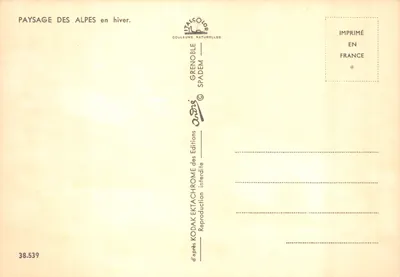 Paysage des Alpes en hiver — montagne enneigée avec téléphérique — éditeur Grenoble Spadem, n° 38.539 — Verso