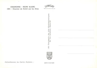 Chamonix - Mont Blanc — zachód słońca nad Drusami — wydawca IRIS — Rewers