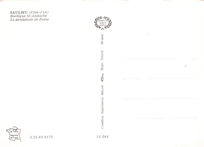 Saulieu (Côte-d'Or) — Bazylika Świętego Andoche, szczegółowe rzeźby z powieszenia Judasza — wydawca Combier Imprimeur Mâcon — Rewers