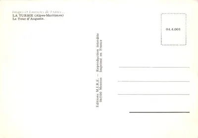 La Tour d'Auguste — Monument à La Turbie — Éditeur M.I.R.E. Menton — Verso