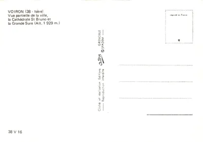 Voiron (Isère) — vue partielle de la ville, la cathédrale Saint Bruno et la Grande Sure (1 929 m.) — Éditions Grenoble SPADEM, n° 38 V 16 — Verso