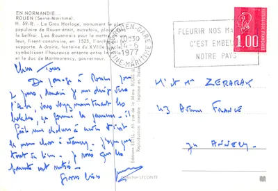 Rouen — Duży Zegar i fontanna XVIII wieku — wydawca Etel — Rewers