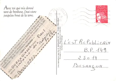 Paysage de montagne — maison isolée et arbre — Éditeur : Une réalisation des Éts D. Bernard B.P. 56 - 01600 Trevoux — Verso