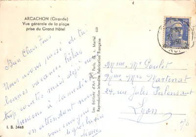 Arcachon (Gironde) — Ogólny widok plaży z Grand Hôtel — Wydawnictwo Art Martel, Paryż — Rewers