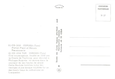 Cordes-sur-Ciel — Portail et maison Renaissance — Société des Cartes Postales APA-POUX, ALBI, N° 27 — Verso