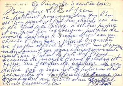 Plaża naturystyczna — humorystyczna scena z karikiery — Wydawca LYNA - PARIS, seria 'NATURISTE' n°523/6 — Rewers
