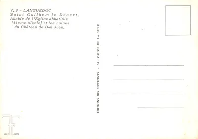 Saint-Guilhem-le-Désert — abside de l'église abbatiale (XIe siècle) et ruines du château de Don Juan — Éditions Septfontis — Verso