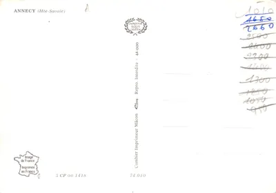 Annecy — vue panoramique du lac et de la cathédrale — Imprimeur Combier Mâcon — Verso