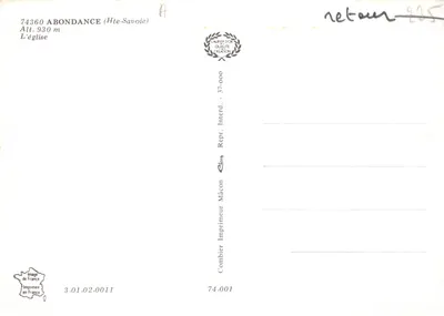 Abondance (Hte-Savoie) — église enneigée au pied des montagnes — Imprimeur Combier Mâcon — Verso