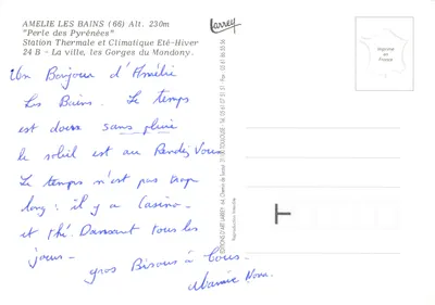 Amélie-les-Bains — vue panoramique, gorges et village — Éditions d'Art Larrey — Verso
