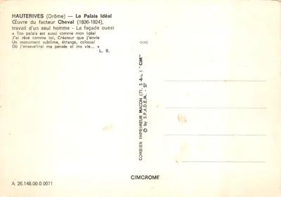 Haüterives (Drôme) — Le Palais Idéal — œuvre du facteur Cheval (1836-1924) — éditeur CIMCROME — Verso