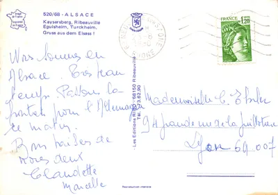 Wsi Alzaskie — domy z cokołem i fontanna — Les Editions Ribeauvillé — Rewers