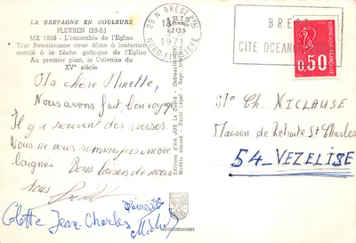 Pleyben — Ensemble de l'église avec calvaire et flèche gothique — Éditions d'Art Jos — Verso