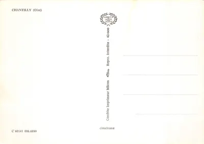 Zamek w Chantilly — widok panoramiczny i wnętrza — wydawca Combier Imprimeur Mâcon — Rewers