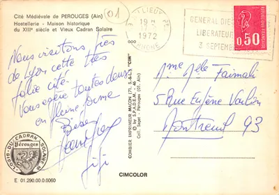 Pérouges (Ain) — Cité Médiévale — Hostellerie du XIIIe siècle et Vieux Cadran Solaire, éditée par S.P.A.D.E.M. (71, S.&L.) — Verso