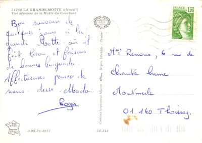 La Motte du Couchant — vue aérienne des hôtels et plage — Imprimerie Combier — Verso