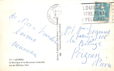 Lourdes — Bazylika i Monumen Intérallié widziane z Częstochowy — Wydawnictwo P. DOUCET — Rewers