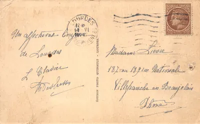 Lourdes — La Basilique et le Gave — Édition Lourdes Quinault, n°28 — Verso