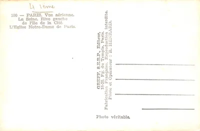 Paris — Vue aérienne de la Seine, rive gauche, l'Île de la Cité et Notre-Dame — Greff, S.E.P. du Temple, Paris — Verso