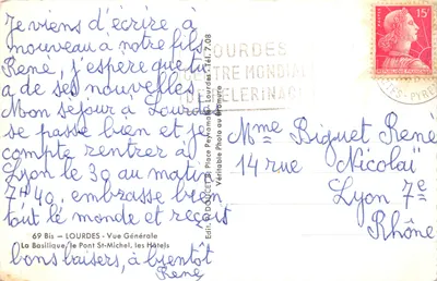 Lourdes — Vue Générale, la Basilique, le Pont St-Michel, les Hôtels — Éditeur Edlux — Verso