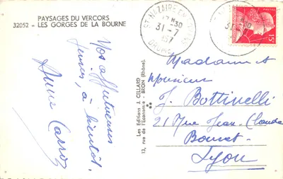 Les Gorges de la Bourne — vue du chemin encaissé entre falaises et ruisseau — Éditions J. Cellard — Verso