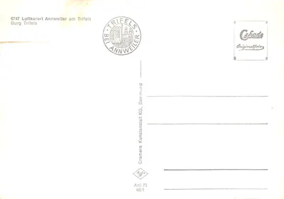 Zamek Trifels — widok z dołu, ramowany liśćmi — wydawca Cramers Kunstanstalt KG, nr 66/1 — Rewers