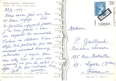 Salou — vue panoramique avec palmiers, plage, hôtel Berta Prestíci et obélisque — éditeur RAYMOND, Tarragone — 背面