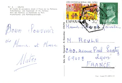Ceuta — Port des pêcheurs et promenade des palmiers — Éditeur R. González, N° 3 — Verso
