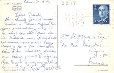 Plage d'Illletas — vue panoramique de la baie et des baigneurs — éditeur Depósito Legal B. 26.875. - 1962 — Verso