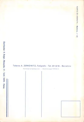 Port d'Andratx — widok panoramiczny z łodziami, górami i rzeźbą — wydawca TALLERES A. ZERKOWITZ — Rewers