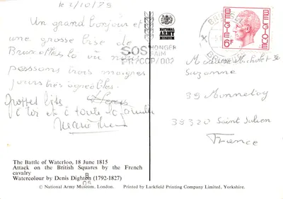 ウォータールーの戦い — フランスの騎馬隊がイギリスの正規部隊を攻撃 — デニス・ディトンの水彩画 — ラークフィールド印刷会社、イギリス・ヨークシャー発行 — 裏面